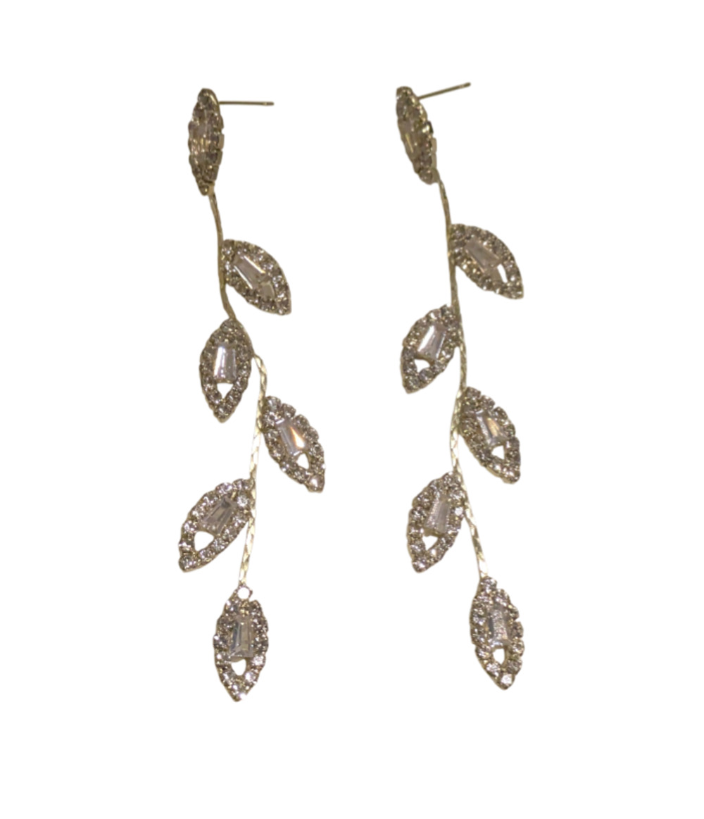 Gold Toned Rhinestone Leaf Drop Earrings